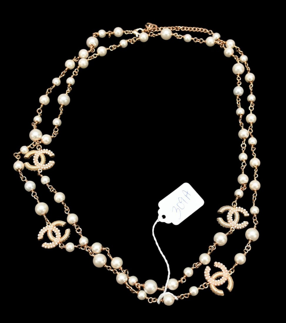 Chanel Faux Pearl Long Necklace Gold Tone CC Logo. 66": Chanel Faux Pearl Long Necklace Gold Tone CC Logo. 66"