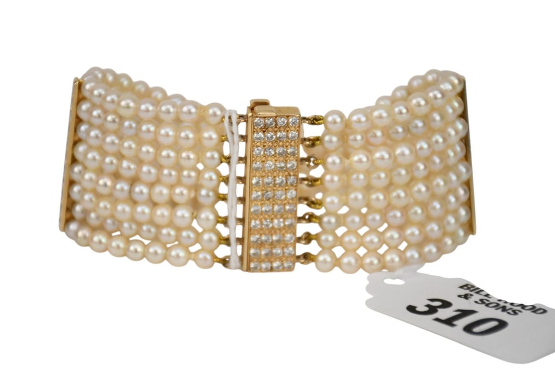 14K Yellow Gold Pearl Diamond Bracelet. 7" x 1.5" wt. 44.2 grams *Payment Must Fully Clear Before (1 of 5)