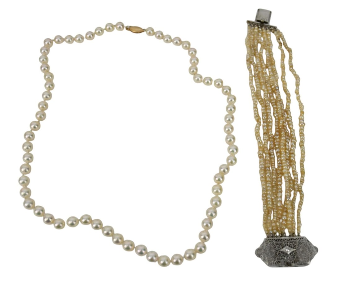 14K Yellow & White Gold Pearl Necklace and Bracelet. 14K White Gold Clasp seed pearl bracelet 6" and (1 of 4)