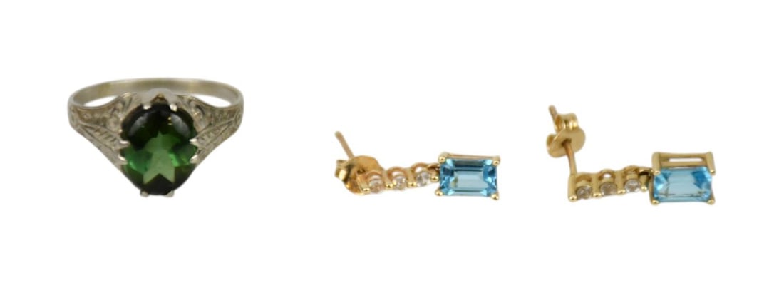 10k 7 14K Yellow & White Gold Ring and Earrings. 14K white gold green tourmaline ring size 7.5 wt. (1 of 3)
