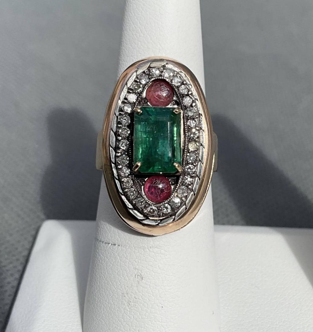 Russian 14Kt. Gold Diamond Emerald Ruby 2.2 cts. Ring size 8 (1 of 6)
