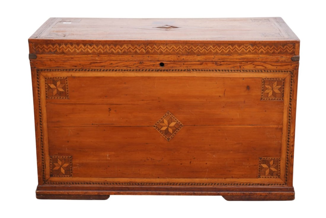 Continental Seaman's Chest with Inlay Design at Corners & Borders, Interior with Candle Box, 24"h x: Continental Seaman's Chest with Inlay Design at Corners & Borders, Interior with Candle Box, 24"h x 38"w x 20"d (missing some inlay)