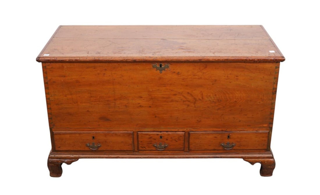 American Pennsylvania Blanket Chest, 3 Side By Side Drawers At Base on Bracket Feet, Circa 1820's, (1 of 14)