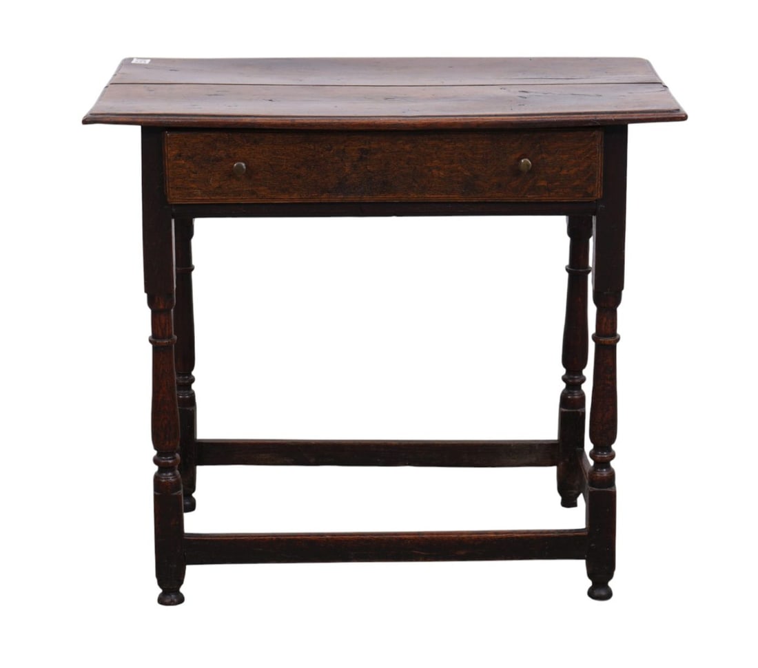 English Oak Table, 18th c. Single Drawer on Turned Legs with Stretcher Base, 29"H x 31 7/8"w x 17: English Oak Table, 18th c. Single Drawer on Turned Legs with Stretcher Base, 29"H x 31 7/8"w x 17 3/4"d (age split in center)