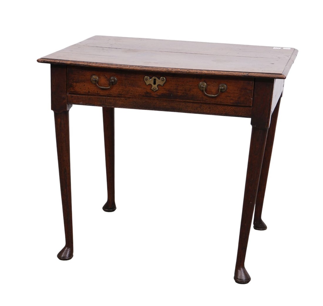 English 18th c. Table, Single Drawer on Tapered Round Legs Ending in Pad Feet, Label Spillman & Co. (1 of 9)