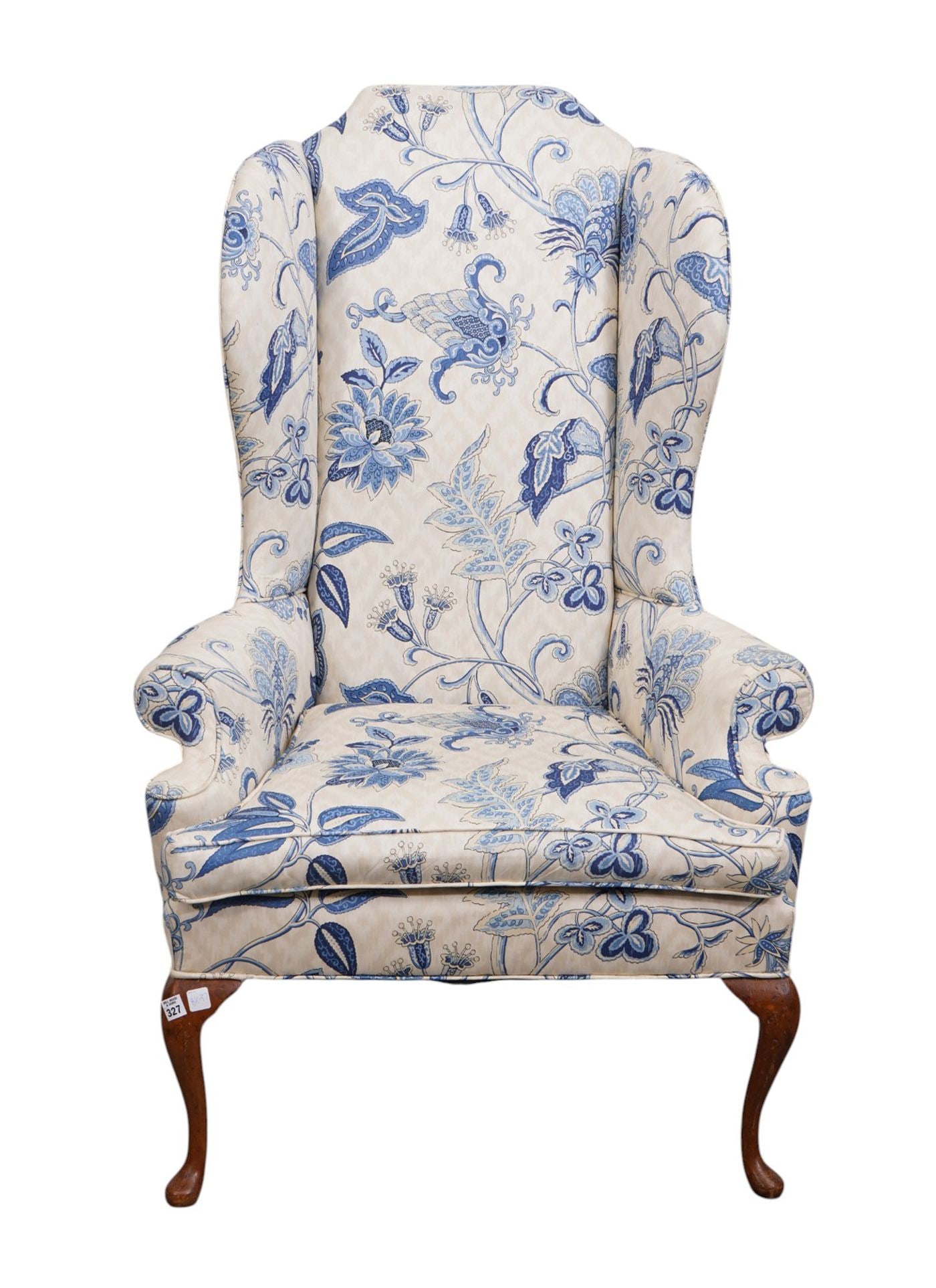 Queen Anne Style Wingback Chiar, Blue & White Floral Upholstery, 51"h x 32"w x 20"d ***If this item: Queen Anne Style Wingback Chiar, Blue & White Floral Upholstery, 51"h x 32"w x 20"d***If this item is not picked up by the Friday following the auction, it will be moved to offsite storage and pickup 