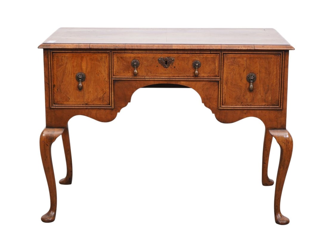 English Oak & Burled Wood Ladies Writing Desk, 19th c, 3 Drawers on Cabriole Legs, 31"H x 40"w x (1 of 9)