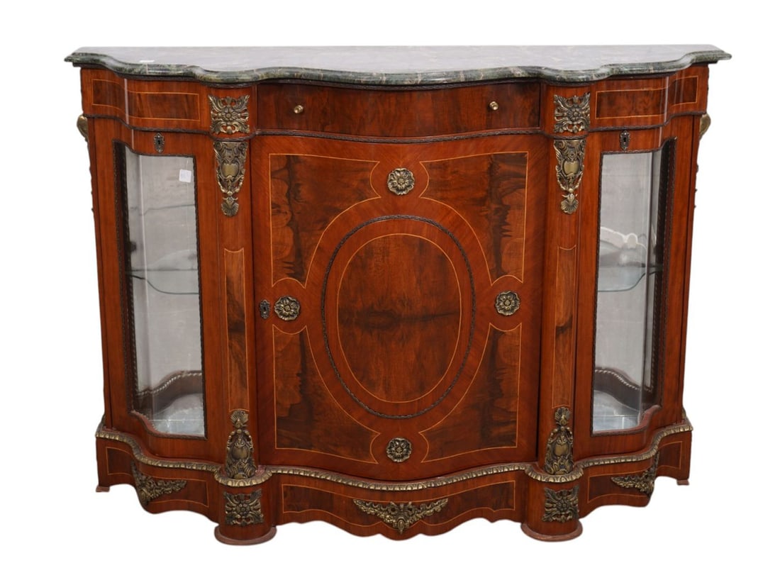 Fine Reproduction Serpentine Console, French Style Drawers Over Cabinet Doors Flanked By 2 Bowed (1 of 10)