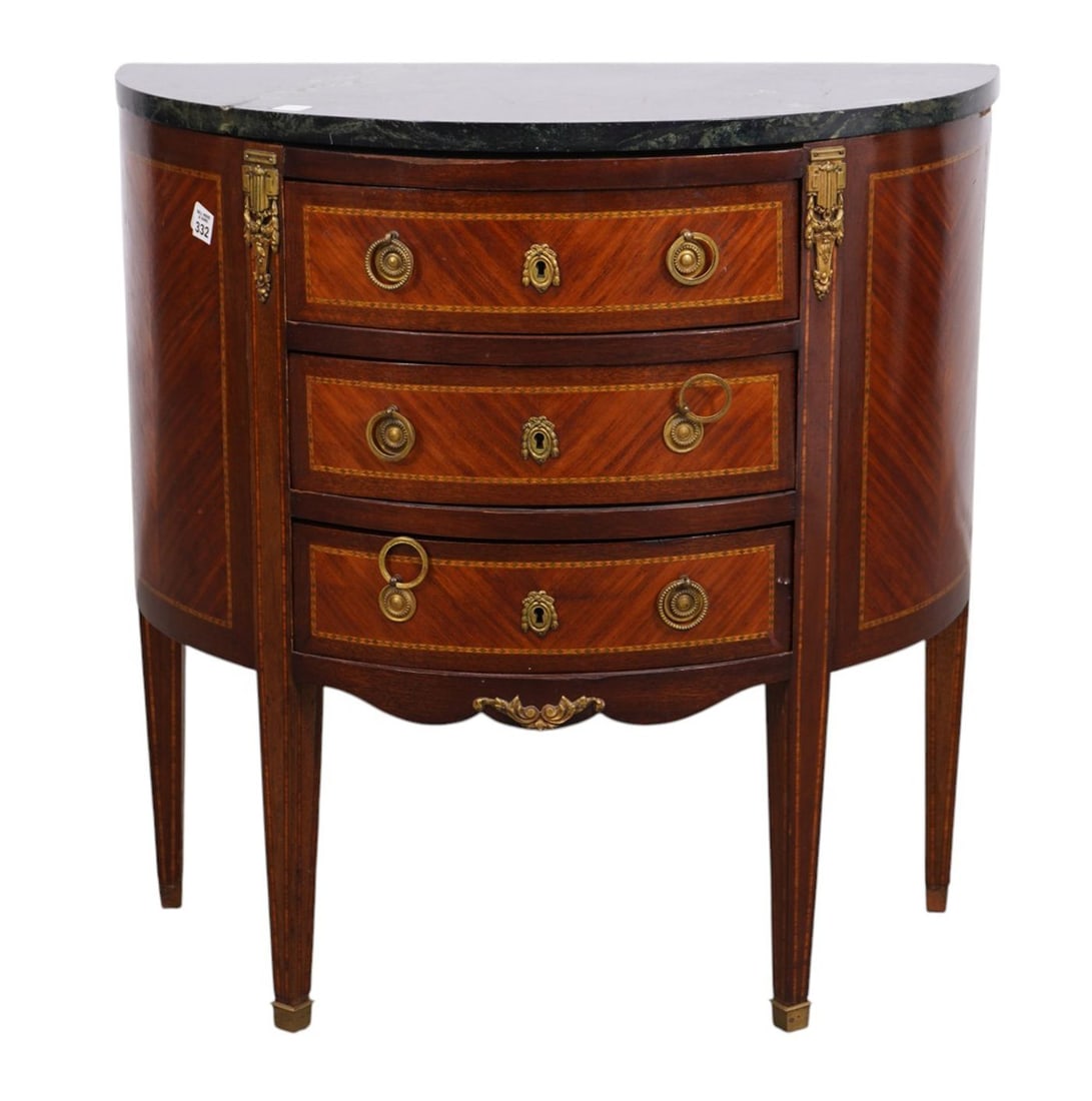 French Bowed Commode, 3 Drawer with Gilt Mounts and Marble Top, 31"h x 28"w x 15"d ***If this item (1 of 9)