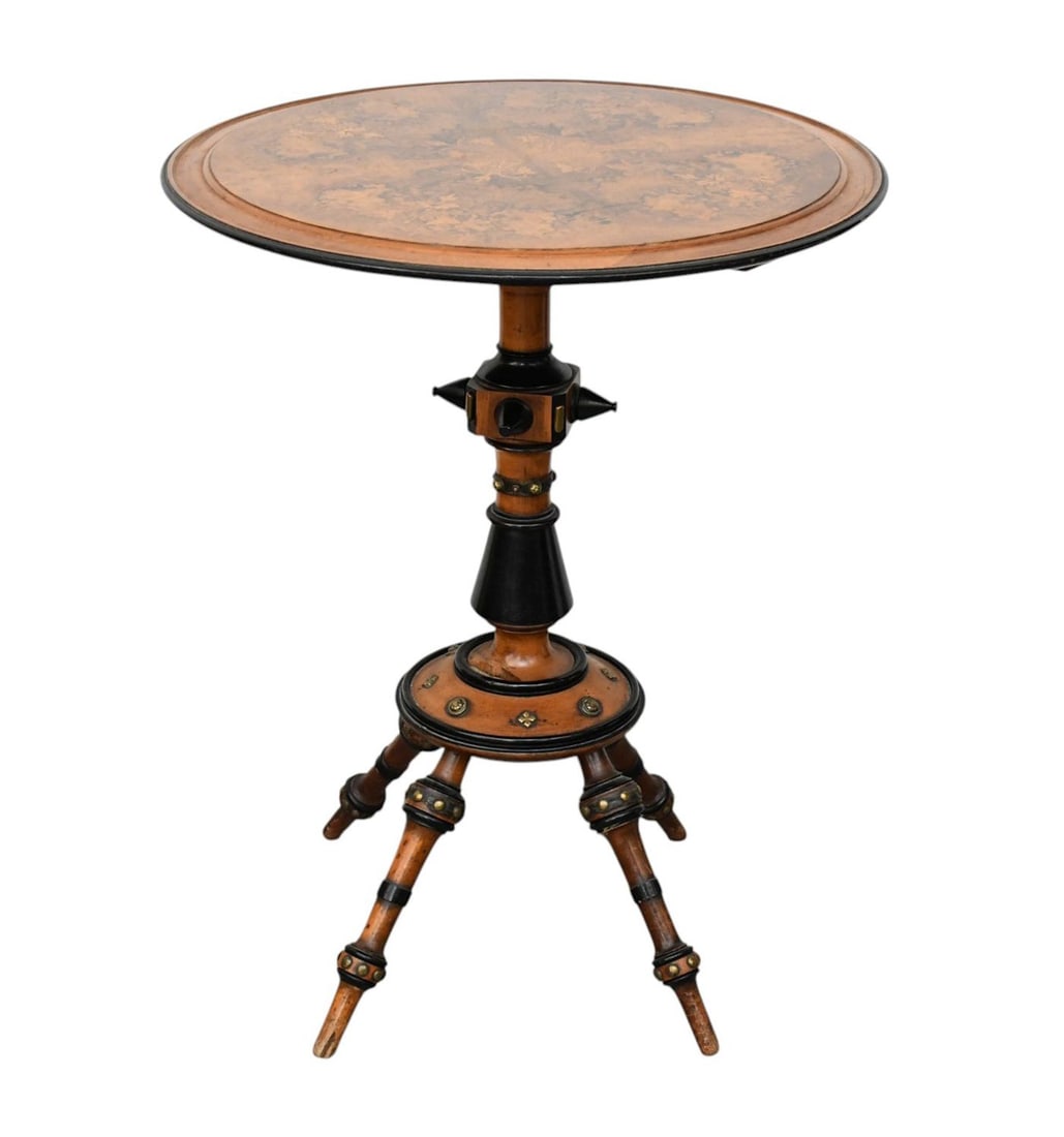 Antique Side Table, Burled Wood & Marquetry Top on Turned Ebony Wood Column with 4 Splayed Legs &: Antique Side Table, Burled Wood & Marquetry Top on Turned Ebony Wood Column with 4 Splayed Legs & Brass Accoutrements, 26"h x 20 1/2"dia (some imperfections)