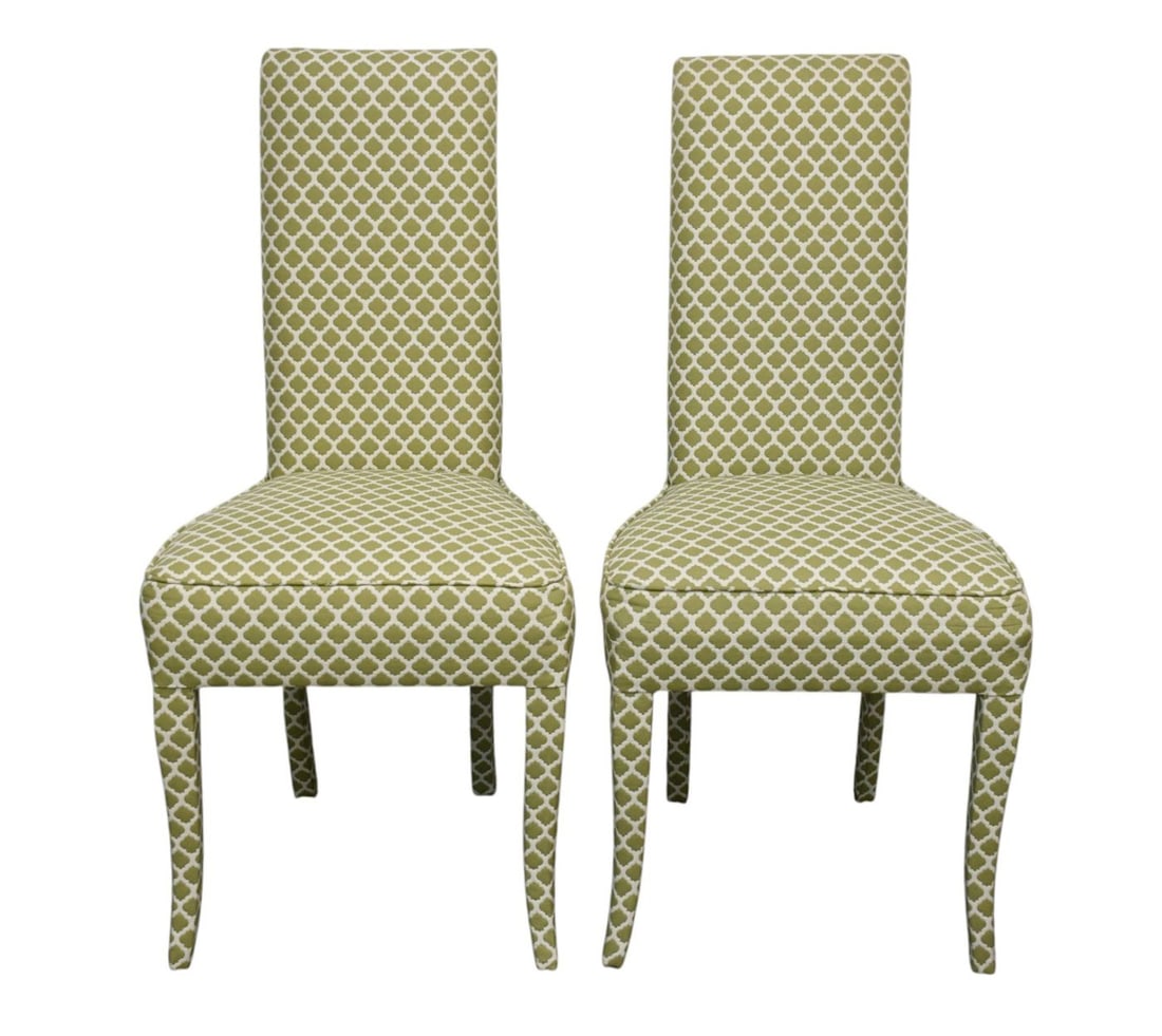 Pair Finely Upholstered Side Chairs, High Backs with Green & Cream Fabric, 38 1/2"h x 19"w ***If: Pair Finely Upholstered Side Chairs, High Backs with Green & Cream Fabric, 38 1/2"h x 19"w***If this item is not picked up by the Friday following the auction, it will be moved to offsite storage and 