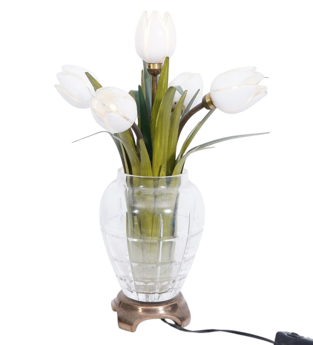 Banci Firenzi Floral Table Lamp. Italian 20th Century glass vase w/ metal and glass white tulip (1 of 7)