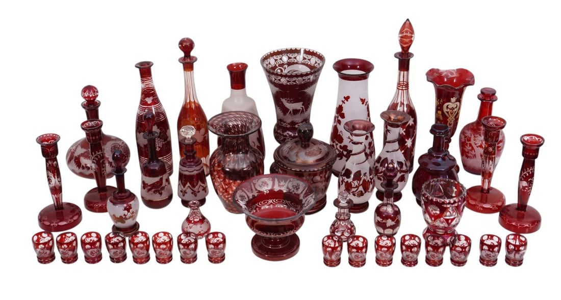 Collection Of Antique Ruby Glass Tableware's, Decanters, Carafes, Etched with Leaf or Forest (1 of 12)