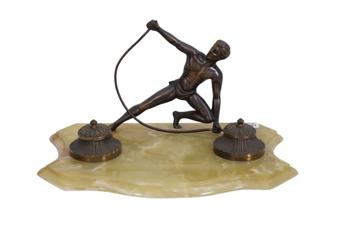 Green Onyx & Bronze Inkwell Desk Accessory with Bronze Figure Attached, 8"h x 17"w x 11"d (1 of 6)