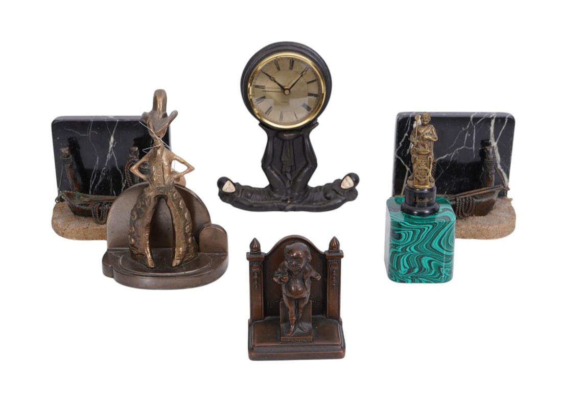 Lot Of Bronze & Metal Objects, Nautical Bookends, Cowboy, Shelf Clock with Jester Base & Gilded (1 of 13)