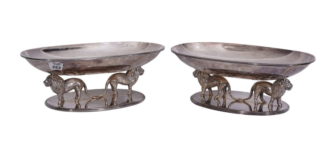 2 Valenti Spain Silverplate Centerpiece Oval Bowls, Each with Lion Supports, 5 1/2"h x 14"w x 7 (1 of 5)