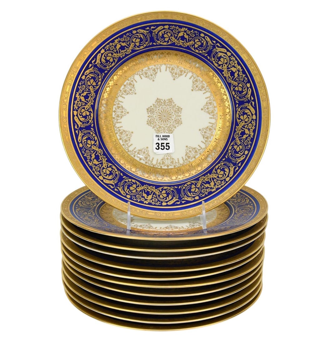 12 Czech Porcelain Dinner Plates, Decorated in USA, Border with Gold Accents, 10 3/4"dia (1 of 5)