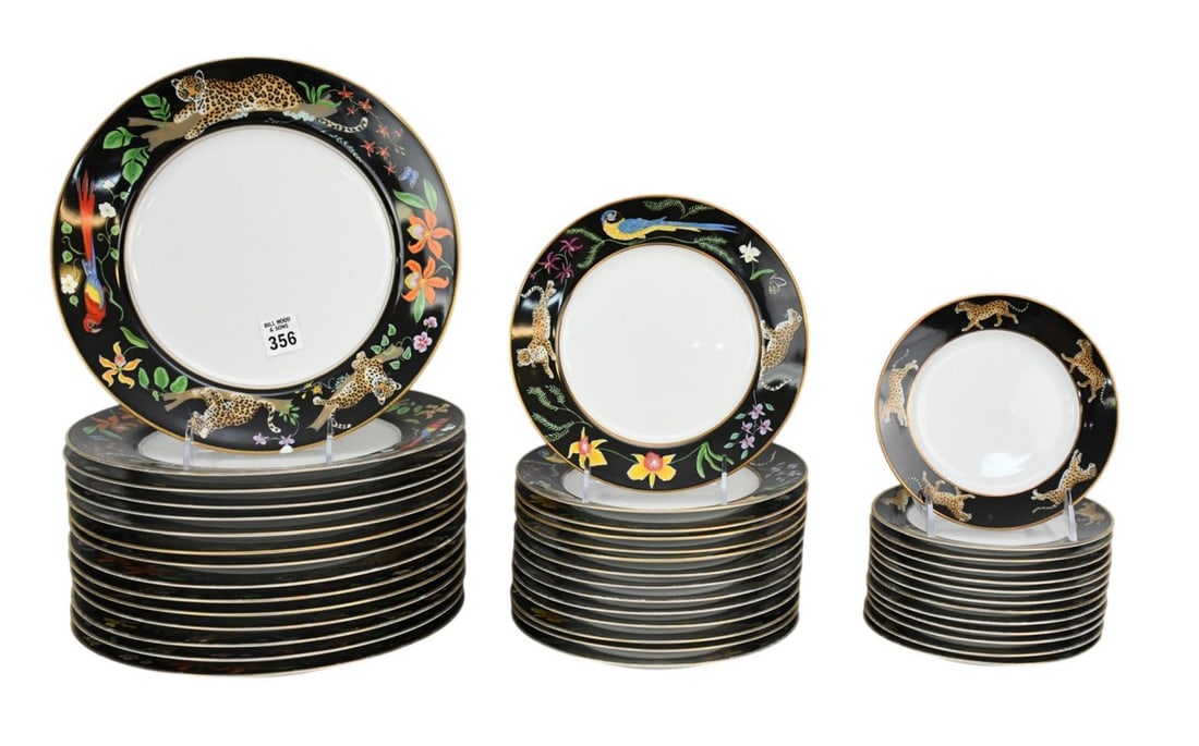 Lynn Chase Porcelain Plates, Jaguar Jungle, 15 Dinner Plates (10 7/8"dia), 14 Plates (8 1/4"dia) and (1 of 16)