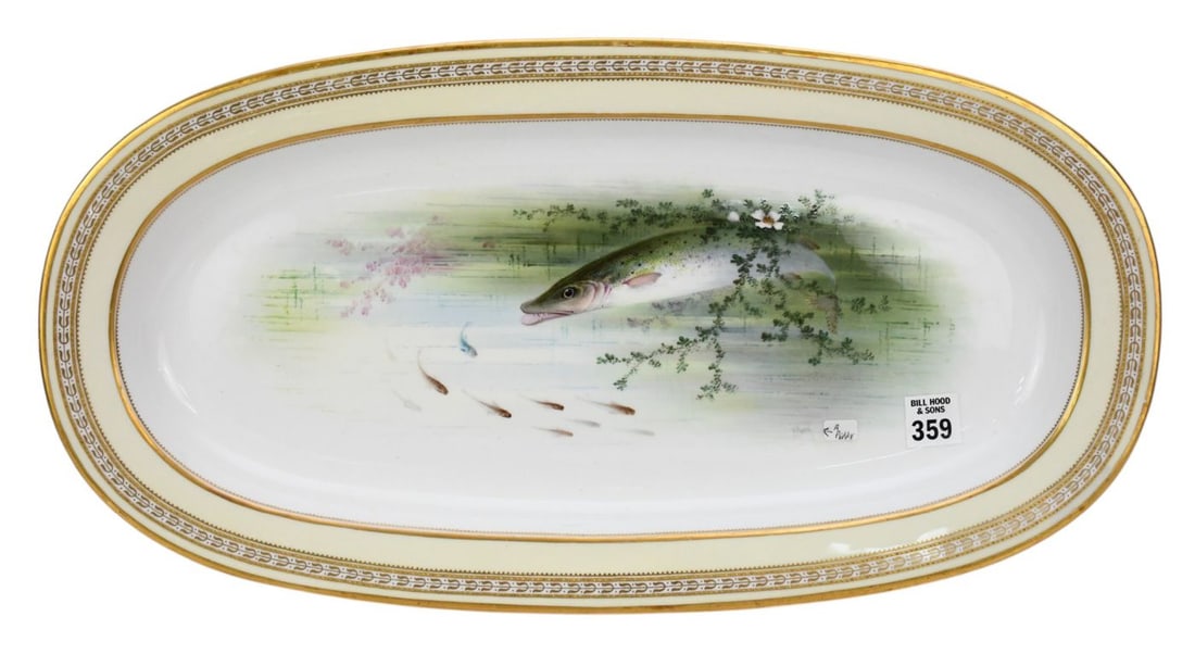 Copeland Spode Porcelain Fish Platter, Hand Painted Signed A. Perry, 1 1/2"h x 20"w x 10 1/2"d (1 of 5)