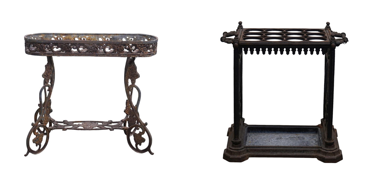 2 Iron Victorian Pcs, 2 Tier Oval Rusty Planter (32"h x 35"w x 16"d) AND Heavy Umbrella Stand (23"h (1 of 14)