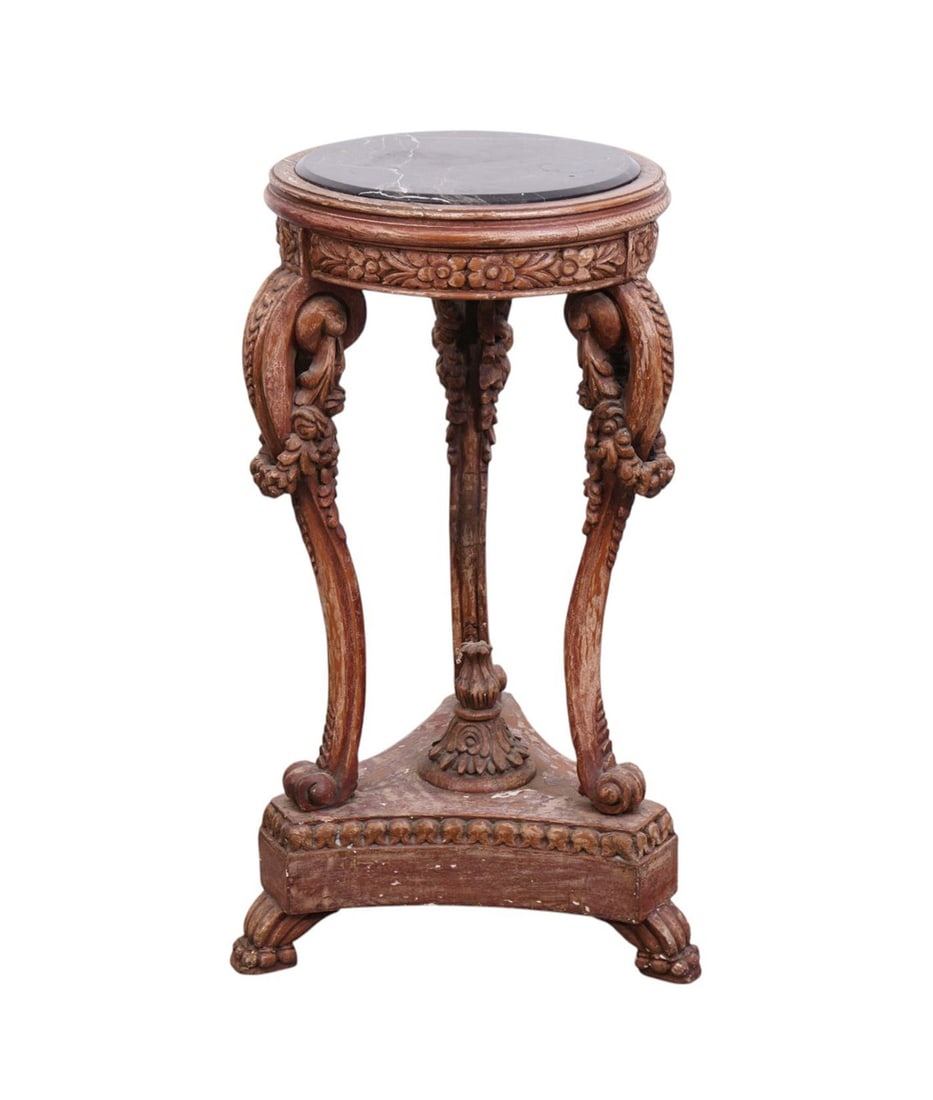 Continental Plant Stand/Pedestal, 3 Carved Supports on Base with Marble Top, 37"h x 18"d (worn (1 of 7)