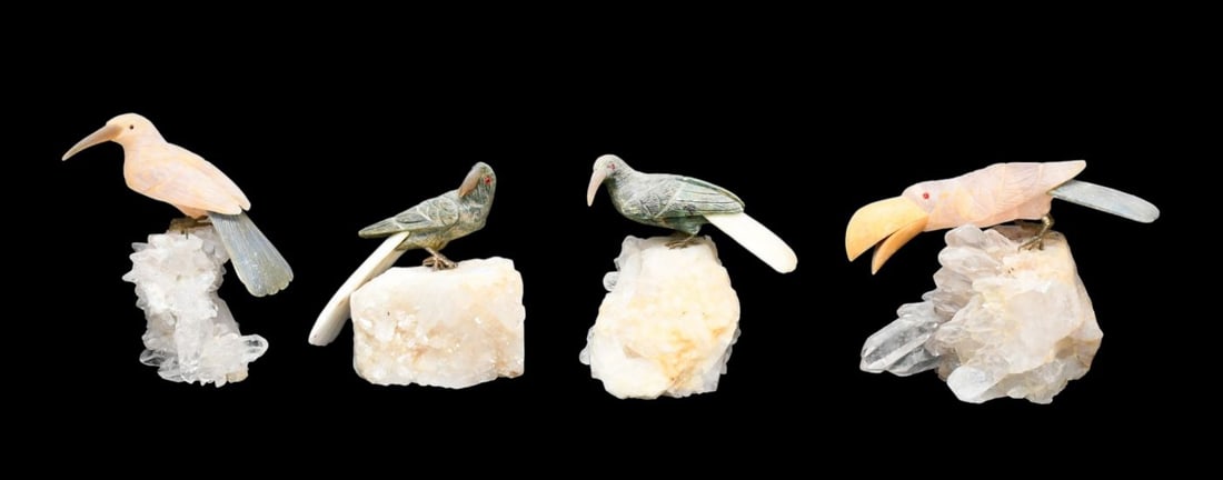 Decorative Small Carved Gemstone Birds on Quartz Bases, 4 1/2"h Largest (birds can be removed) (1 of 8)