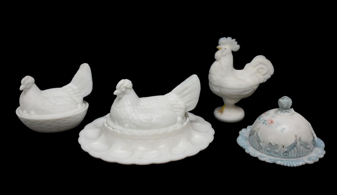 Lot of 4 Vintage Milk Glass Tablewares, Deviled Egg/Hen Serving Piece, 2 covered Rooster Bowl & (1 of 9)
