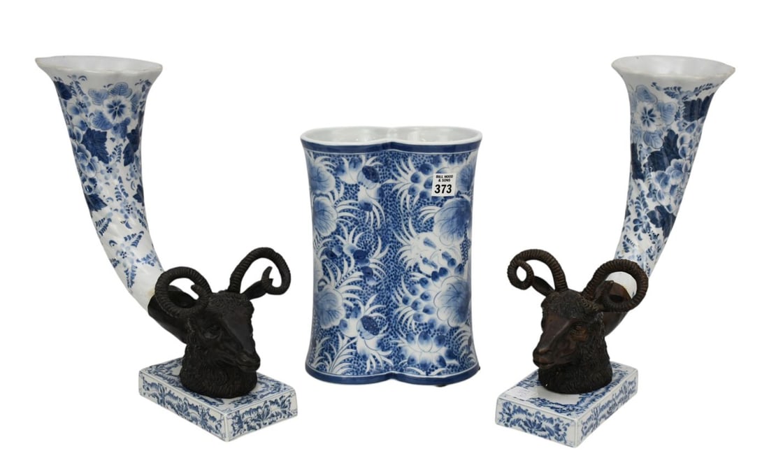 3 Pcs. Maitland Smith, Pair Porcelain Blue & White "Cornucopia" Vases with Bronze Rams on Porcelain (1 of 8)