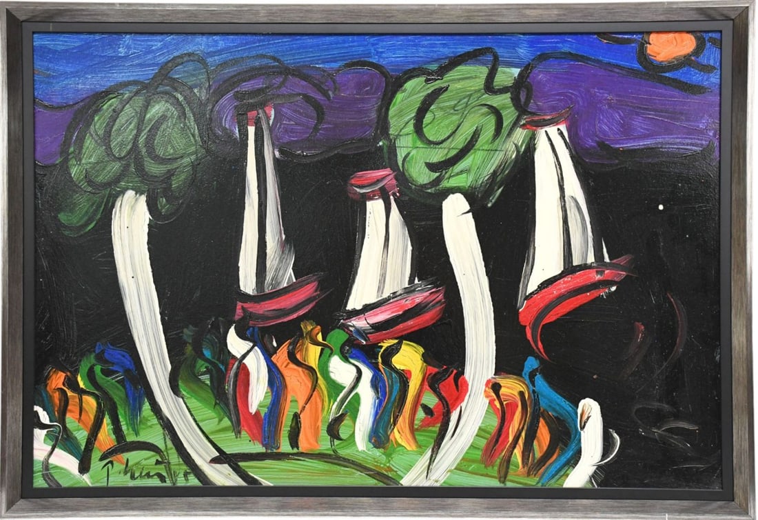 Peter Keil (German, 1942) original painting on Masonite board depicting Sailboat Scene, Lake Wannsee (1 of 6)