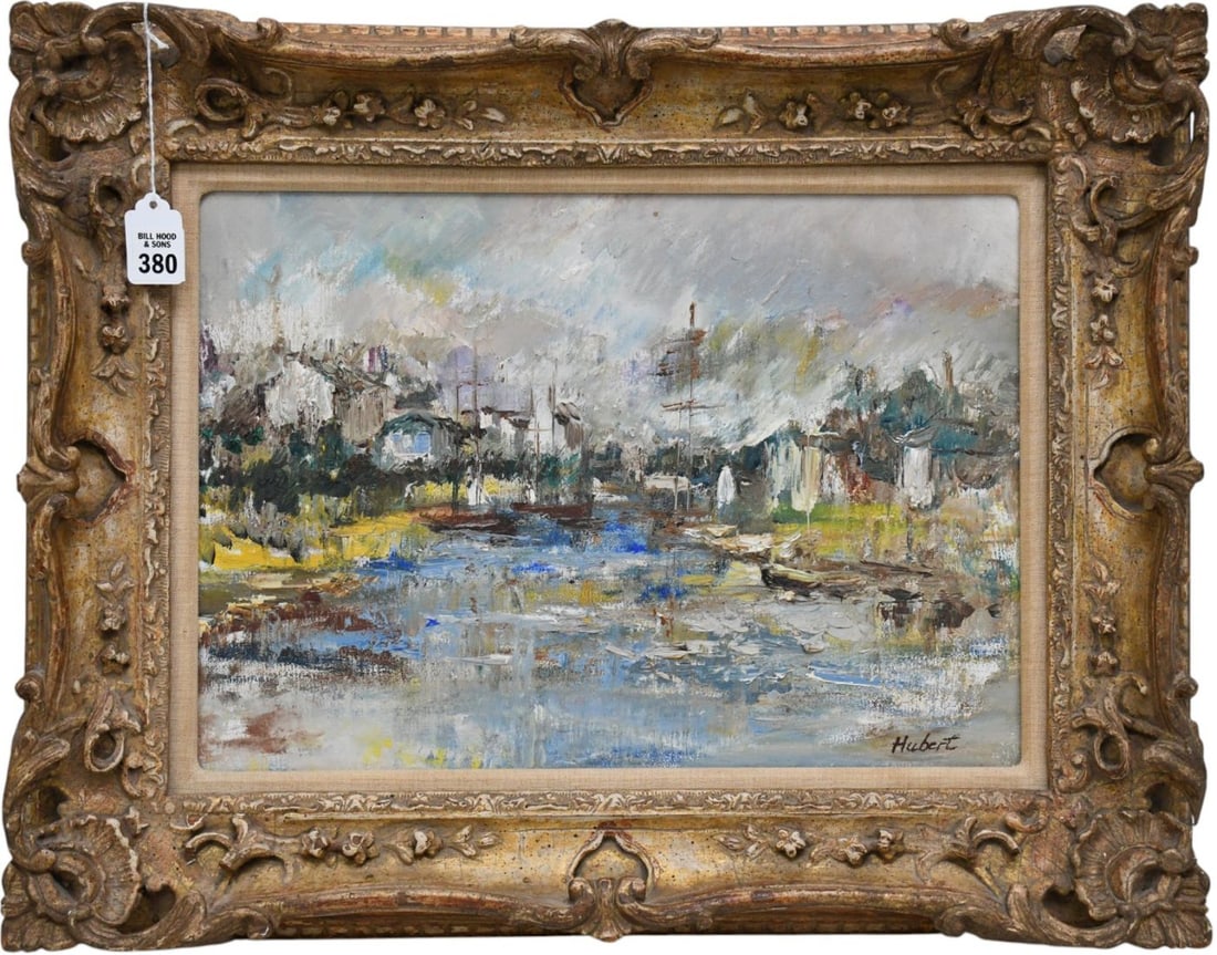 20th Century European School signed Hubert. Oil on canvas painting depicts boats in a harbor with a (1 of 5)