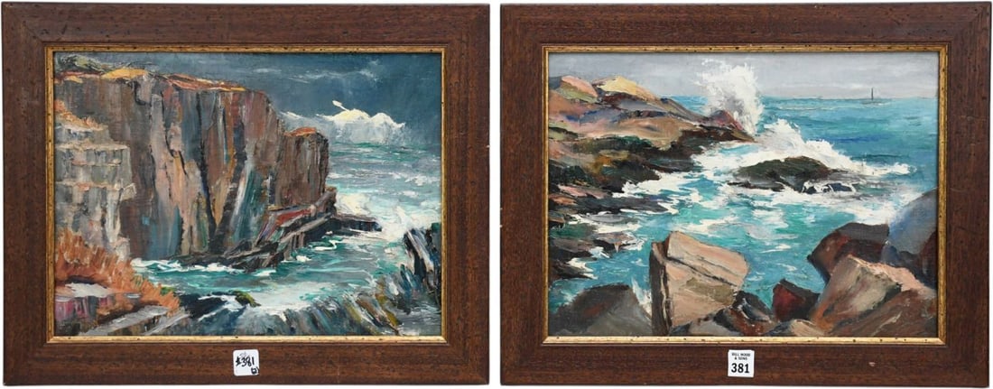 Pair of David Simons paintings 20th Century American, coastal landscapes, featuring steep cliffs (1 of 6)