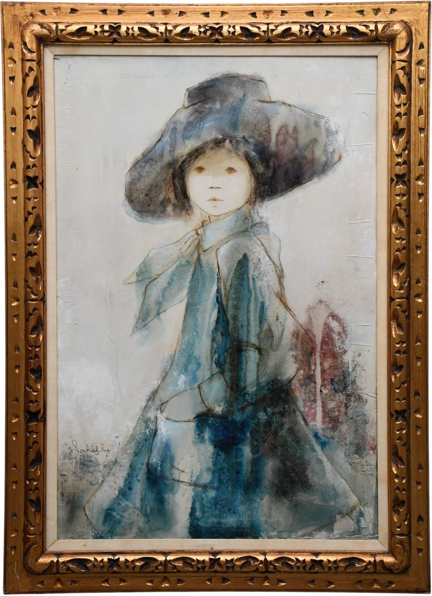 Painting of little girl with hat, Style of Gino Hollander, signed illegibly 36" x 24" Overall frame (1 of 5)