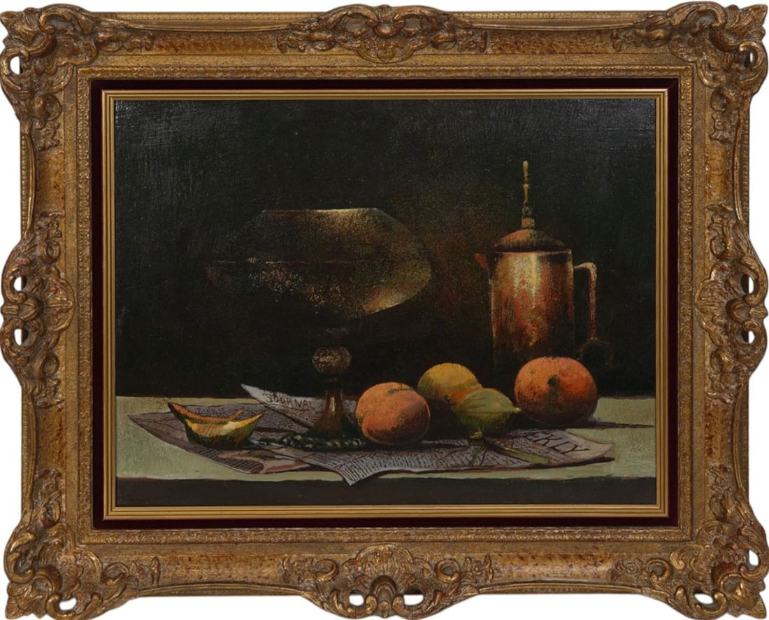 Donald Purdy (American, 1924) oil on board, still life- 1975. 16 x 20 inches. framed size 23 x 27: Donald Purdy (American, 1924) oil on board, still life- 1975. 16 x 20 inches. framed size 23 x 27 inches.
