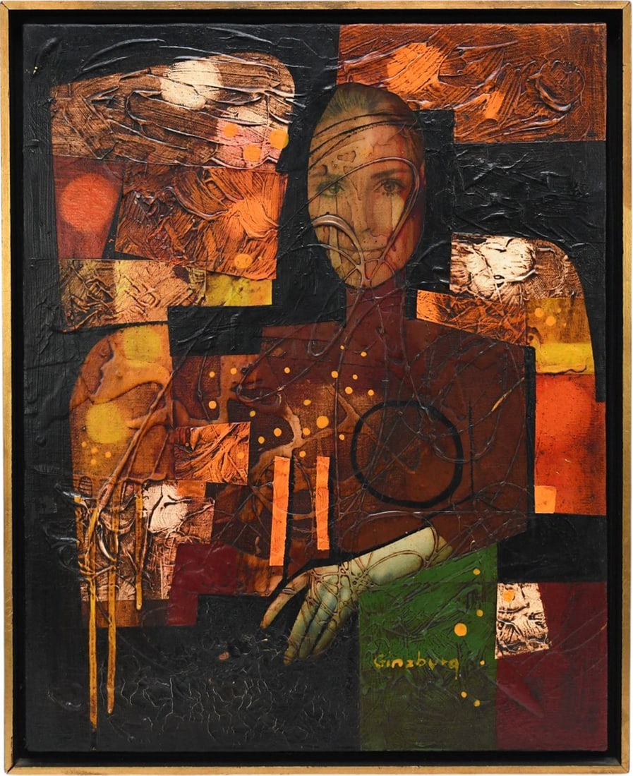 Yankel Ginzburg 1945- This mixed media early mid-century expressionist and cubist figurative style: Yankel Ginzburg 1945- This mixed media early mid-century expressionist and cubist figurative style from his late 60's or 70's. Woman enveloped by highly geometric textured and fractured abstract form 