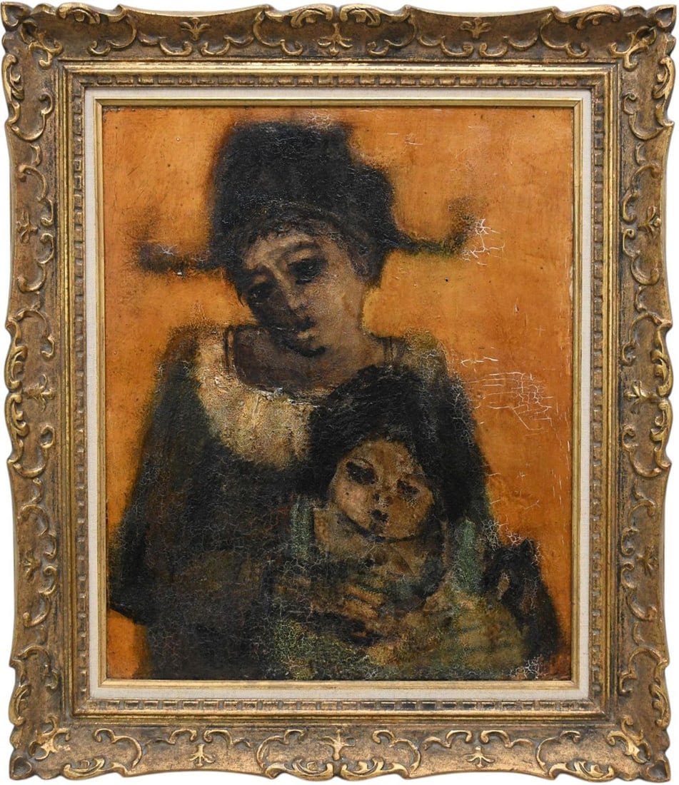 20th Century oil on board, Mother & Child, 24 x 20 inches. Relined and restored, no apparent: 20th Century oil on board, Mother & Child, 24 x 20 inches. Relined and restored, no apparent signature. overall framed size 31 x 27 inches.