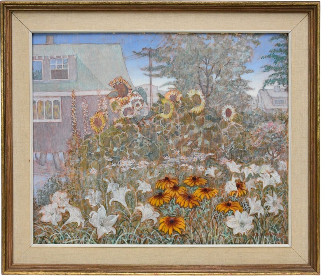 Joan Kerry (American, 1929-1996), tempera on Masonite, painting/board size 19-3/4 x 24 inches.: Joan Kerry (American, 1929-1996), tempera on Masonite, painting/board size 19-3/4 x 24 inches. Overall framed size 25-1/2 x 30 inches