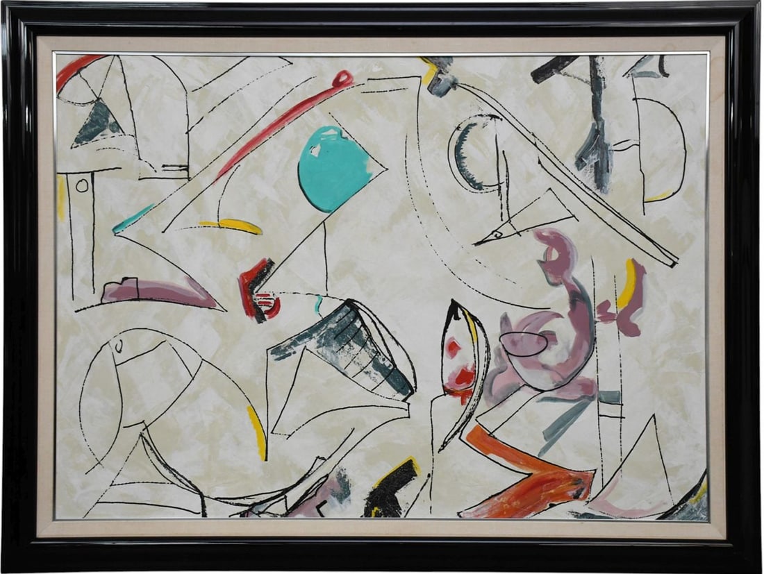 Kadinsky Style Oil on Canvas Painting of Colors and Shapes, Signed Illegibly on Verso. 40" x 56" (1 of 6)