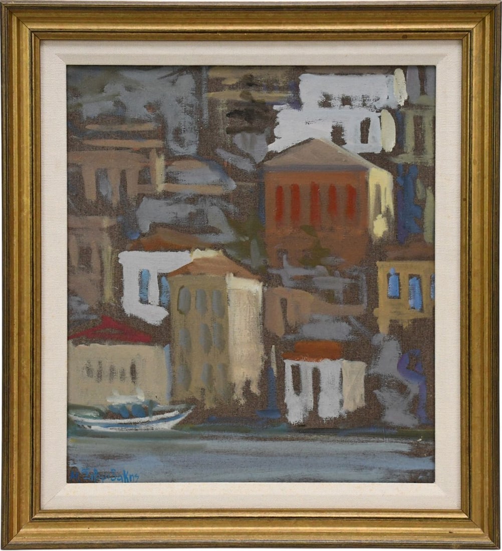 Manolis Sivridakis (Greek b. 1946) oil on canvas, Coastal Harbor Village, signed lower left and has: Manolis Sivridakis (Greek b. 1946) oil on canvas, Coastal Harbor Village, signed lower left and has artist Bio on reverse. canvas 13 x 11 inches. Overall framed size 17 x 15-1/4 inches.
