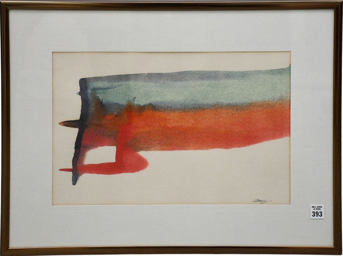 20th Century Watercolor -Abstract Movement horizontal bands of blue and orange. Sight 11-1/2 x (1 of 4)