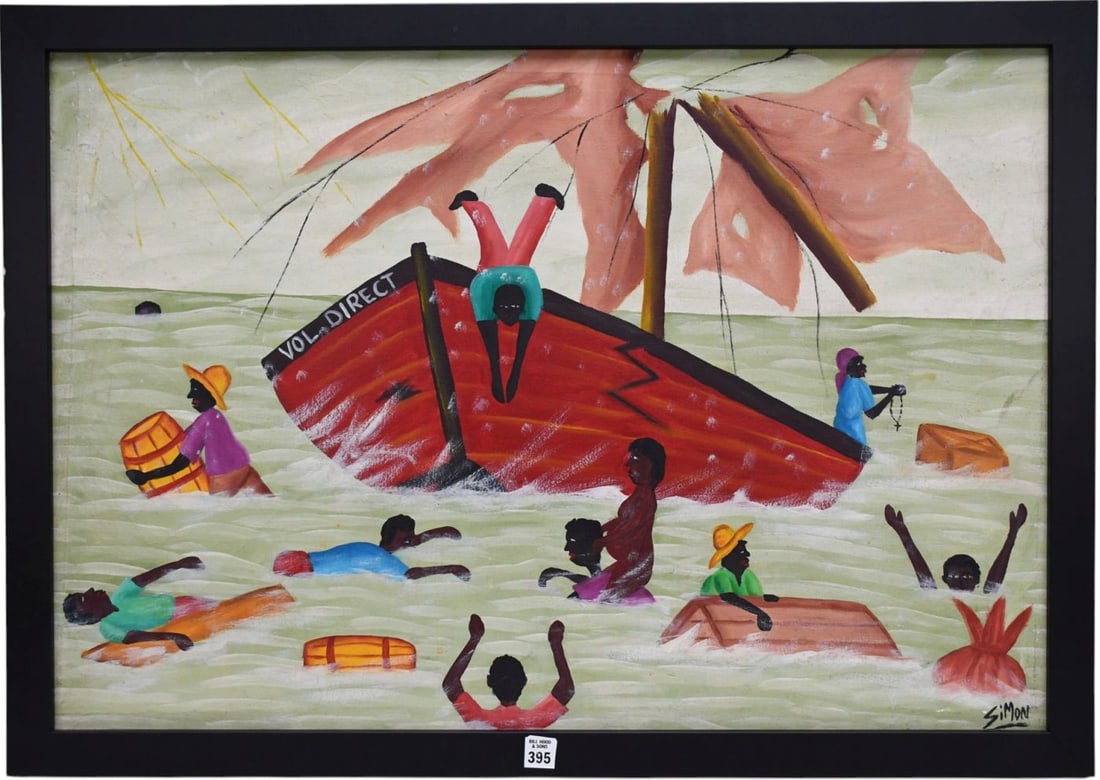 Haitian Painting signed Simon. Oil on canvas, Water Scene. 23 x 34 inches. Overall framed size (1 of 6)