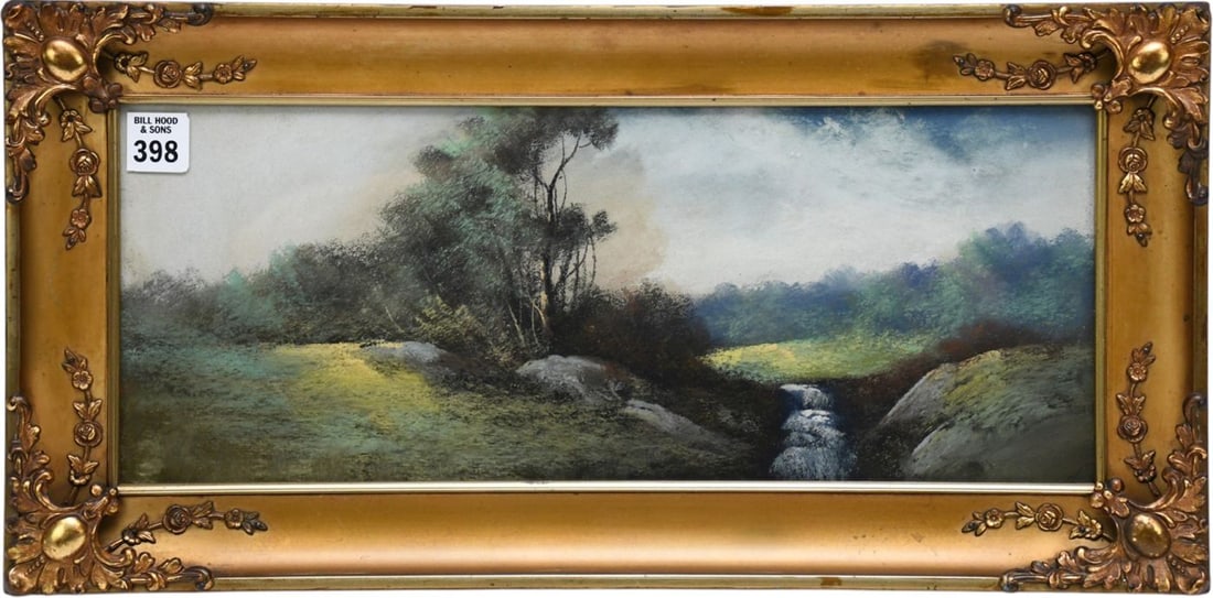 19th Century American School Pastel Landscape with creek, 6-1/2 x 16-1/2 inches. Framed in original (1 of 3)