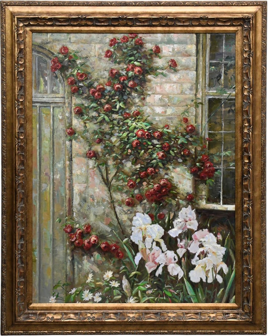 20th Century Decorative oil on canvas signed K. Raynor, flowers blooming on outside of a building.: 20th Century Decorative oil on canvas signed K. Raynor, flowers blooming on outside of a building. Canvas 30 x 40 inches. Overall framed size 49 x 38-1/2 inches.