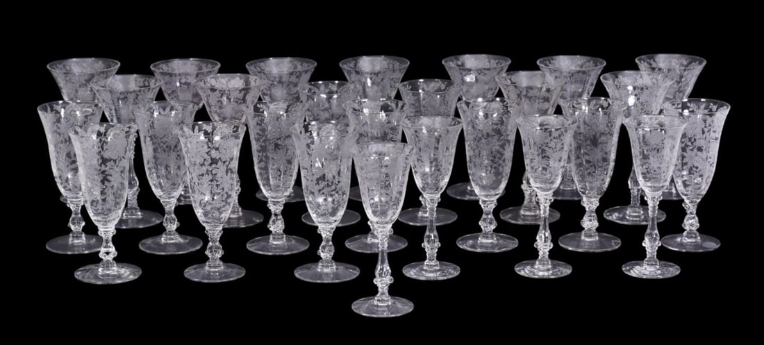 35 American Cambridge Glass Cocktail Stems, Rosepoint Pattern, 3 Assorted Sizes, 6"h tallest (1 of 12)
