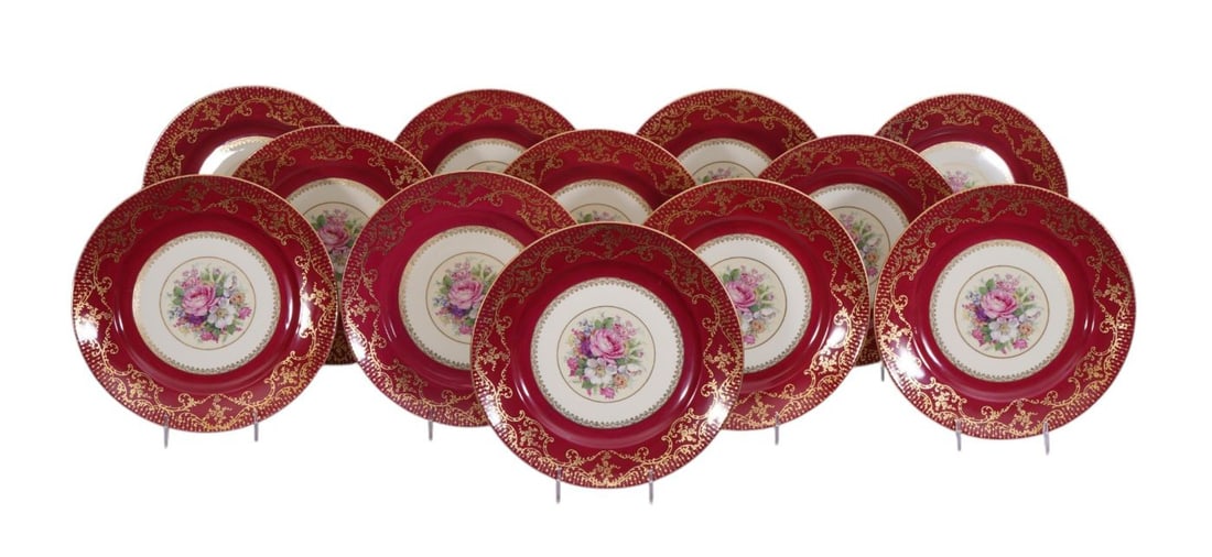12 Rosenthal Porcelain Dinner Plates, Bavaria, Deep Red Border with Floral Centers & Gilded Accents, (1 of 5)