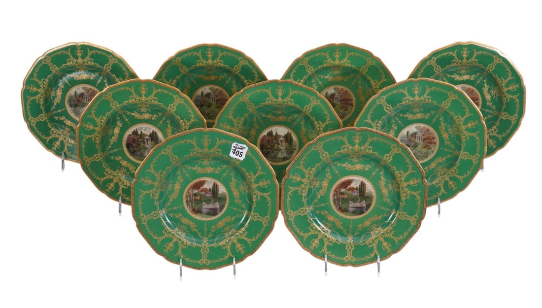 9 Black Knight Porcelain Dinner Plates, Bavaria, Hand painted Scenic Center Medallions, Green Ground (1 of 6)