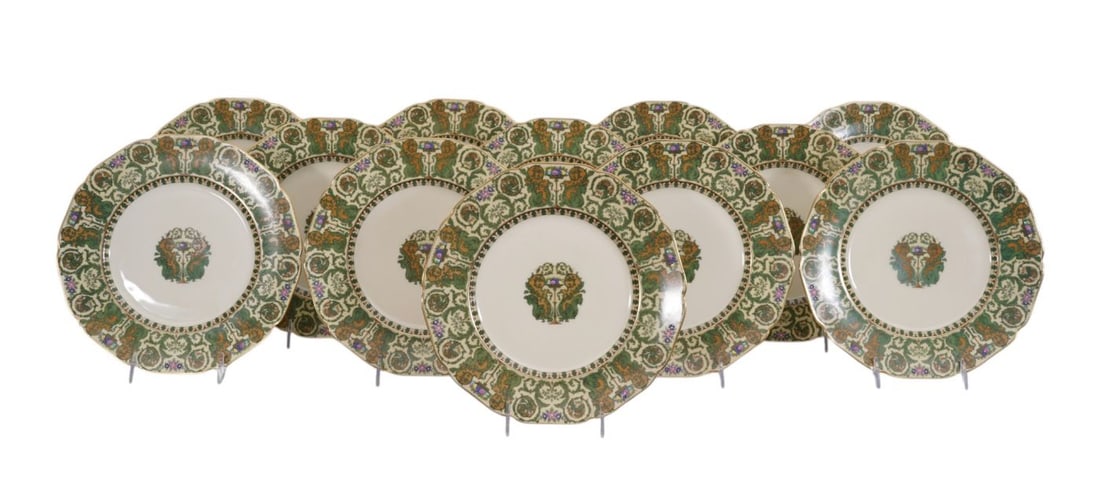 12 Black Knight Porcelain Dinner Plates, Bavaria, Green Design Border with Enamel Jewel Accents on (1 of 6)