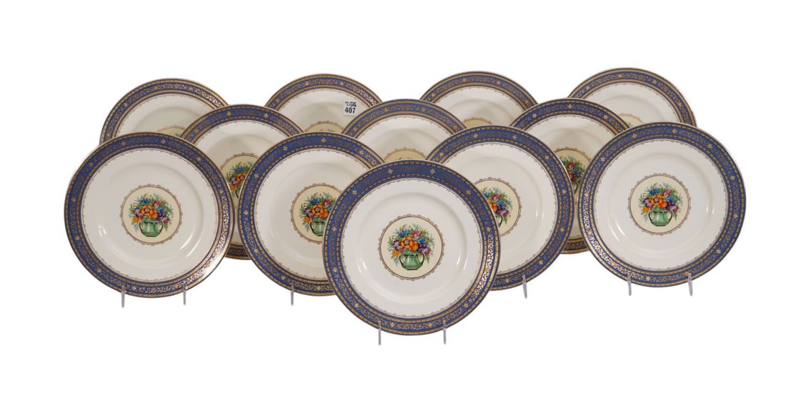 12 Minton Porcelain Dinner Plates, Ovington, Blue & Gold Border with Jeweled & Enameled Bouquet in: 12 Minton Porcelain Dinner Plates, Ovington, Blue & Gold Border with Jeweled & Enameled Bouquet in Center, 10"dia