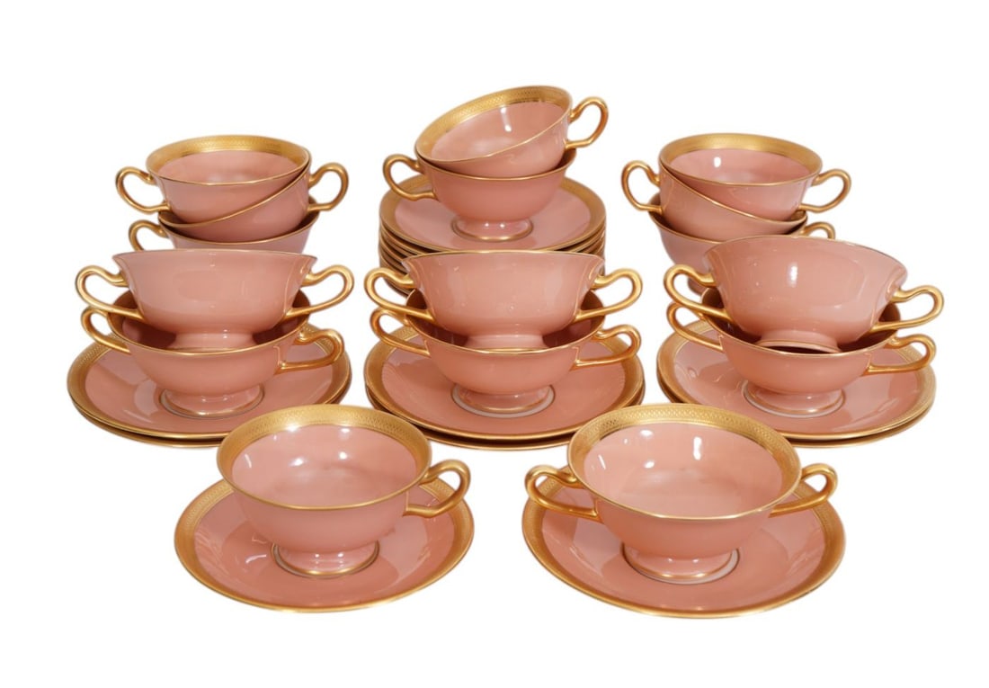 Lenox Porcelain Pcs. Incl; Cups, Saucers, Cream Soups & Liners, Salmon with Gold Rim (1 of 11)
