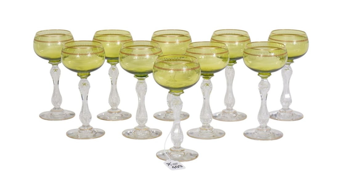 10 St. Louis Crystal Wine Hocks, Green with Gold Accents on Clear Stems, 7 1/2"h (1 of 6)