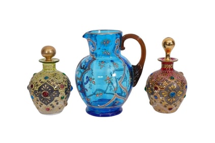 3 Pcs. Moser Glass, 2 Scent Bottles with Jeweled Accents & Blue Glass Pitcher with Enameling,